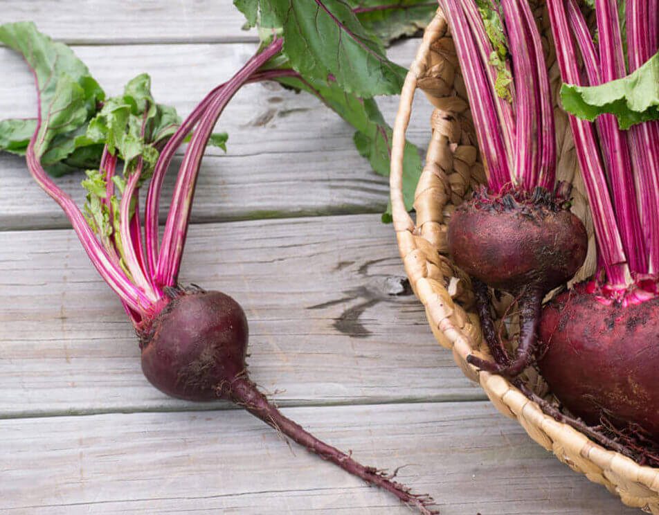 Fresh root vegetable beets in a woven basket -farm to table healthy lifestyle perfect for raw food enthusiast, vegetarians, and juicing.
