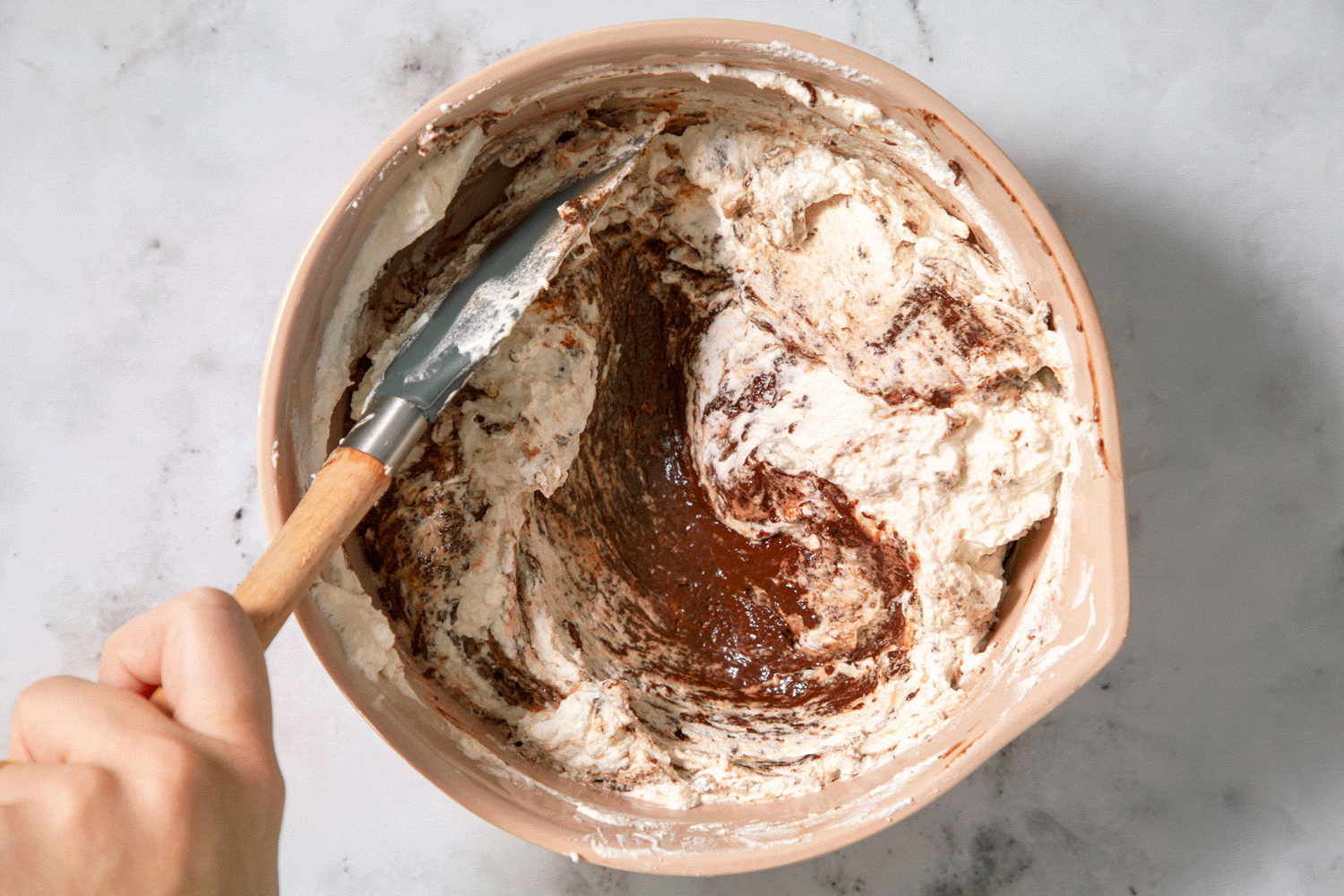 Mixing Whipped Cream with Chocolate Mix and Spreading Chocolate Mousse on Peanut Butter Mousse Layer