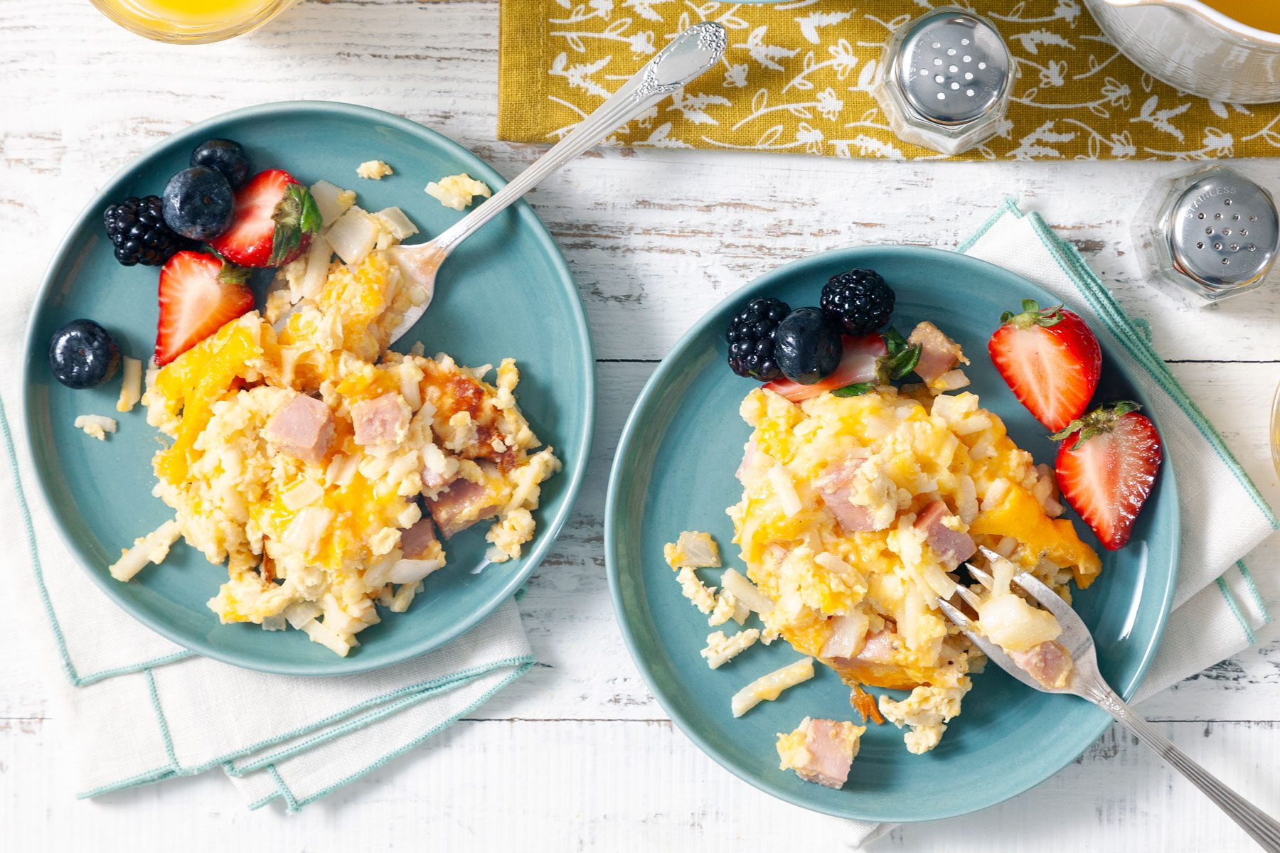 Ham And Cheese Breakfast Casserole served in two small plates