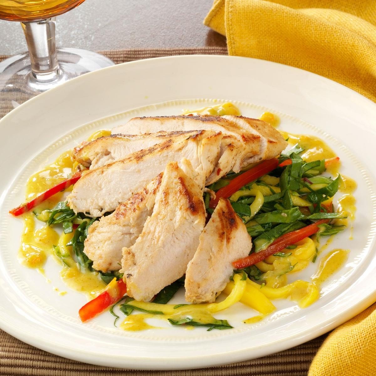 Island Chicken with Mango Slaw and Curry Sauce