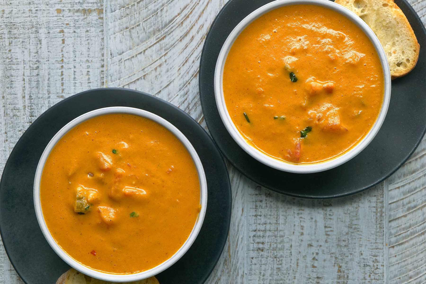 overhead shot of Chunky Tomato-Basil Bisque