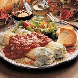 Beef Stuffed Manicotti with Basil Tomato Sauce