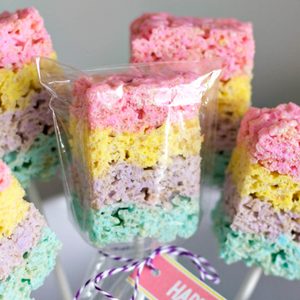Layered rice krispie peep treats on sticks