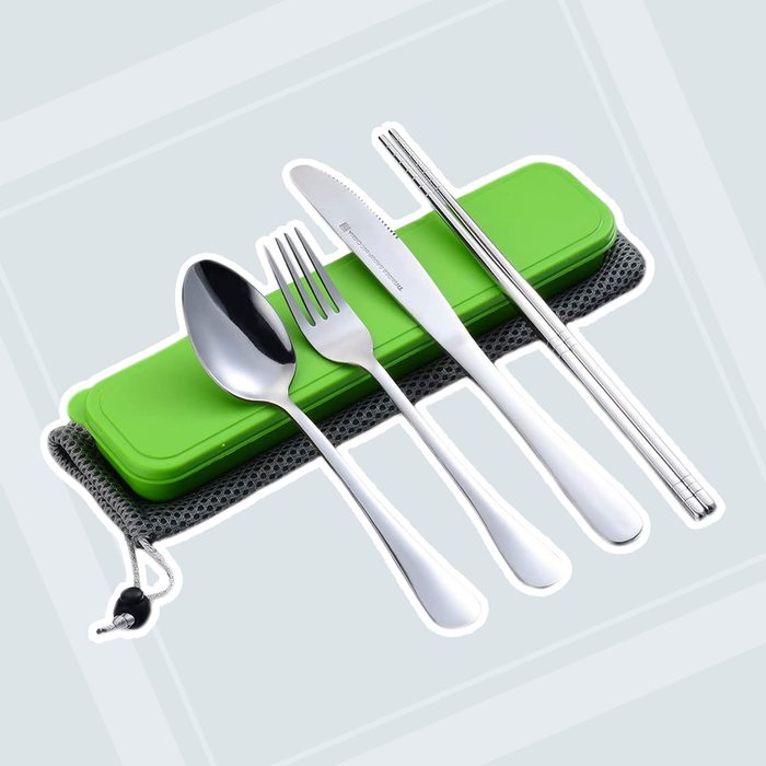 Tableware Storage Box Case with Net Bag for Flatware Chopsticks Spoon Fork in Camping Travel Picnic Office (green)