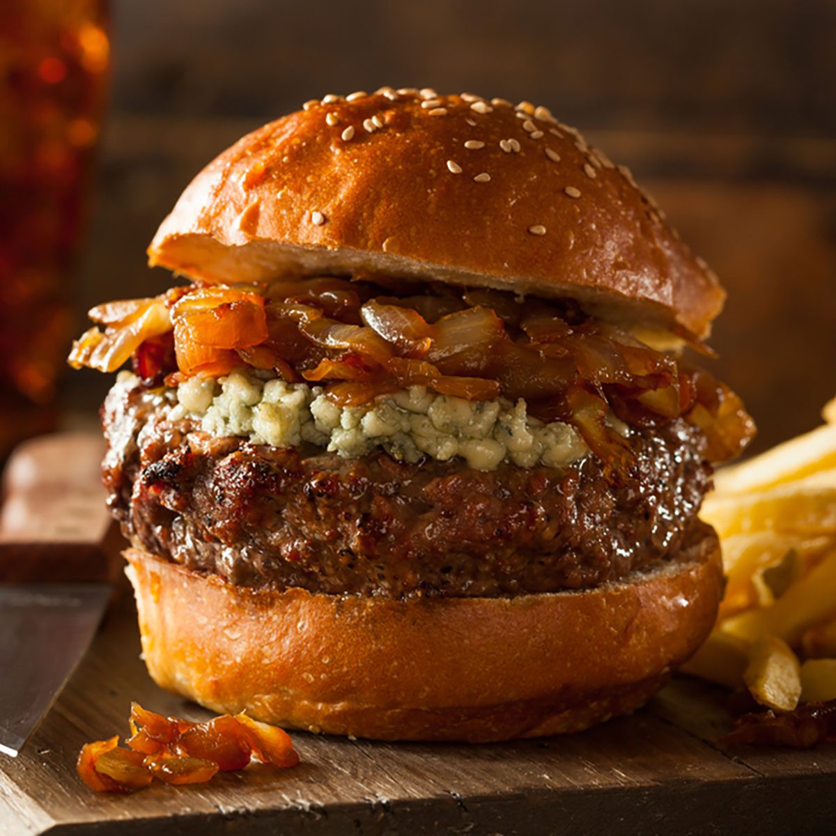 Juicy Blue Cheese Hamburger with Onions and Bacon