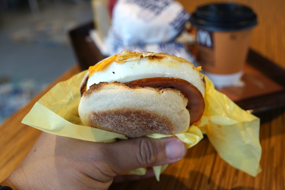 PENANG, MALAYSIA - MAY 16, 2017 : Egg McMuffin with McDonald Premium Roast Coffee is one of the meals choice at McDonald