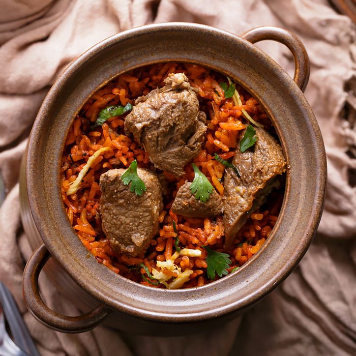 top view of indian dum biryani lamb