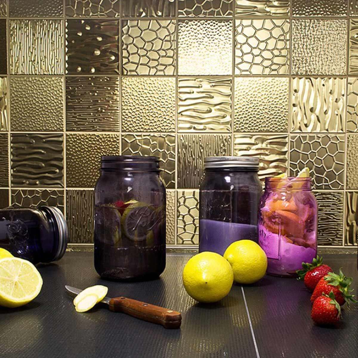 Kitchen featuring a metallic backsplash