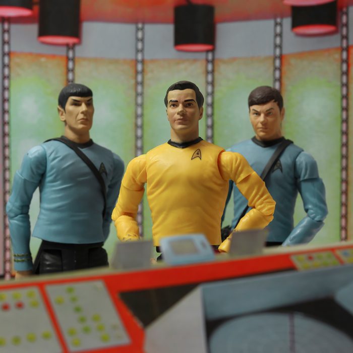 Recreation of a scene from the 1960s television science fiction show Star Trek, where Captain Kirk Doctor McCoy & Mr. Spock beam down to the planet surface