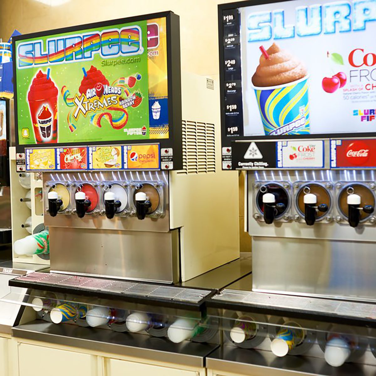 slurpee machines inside a 7/11 convenience store