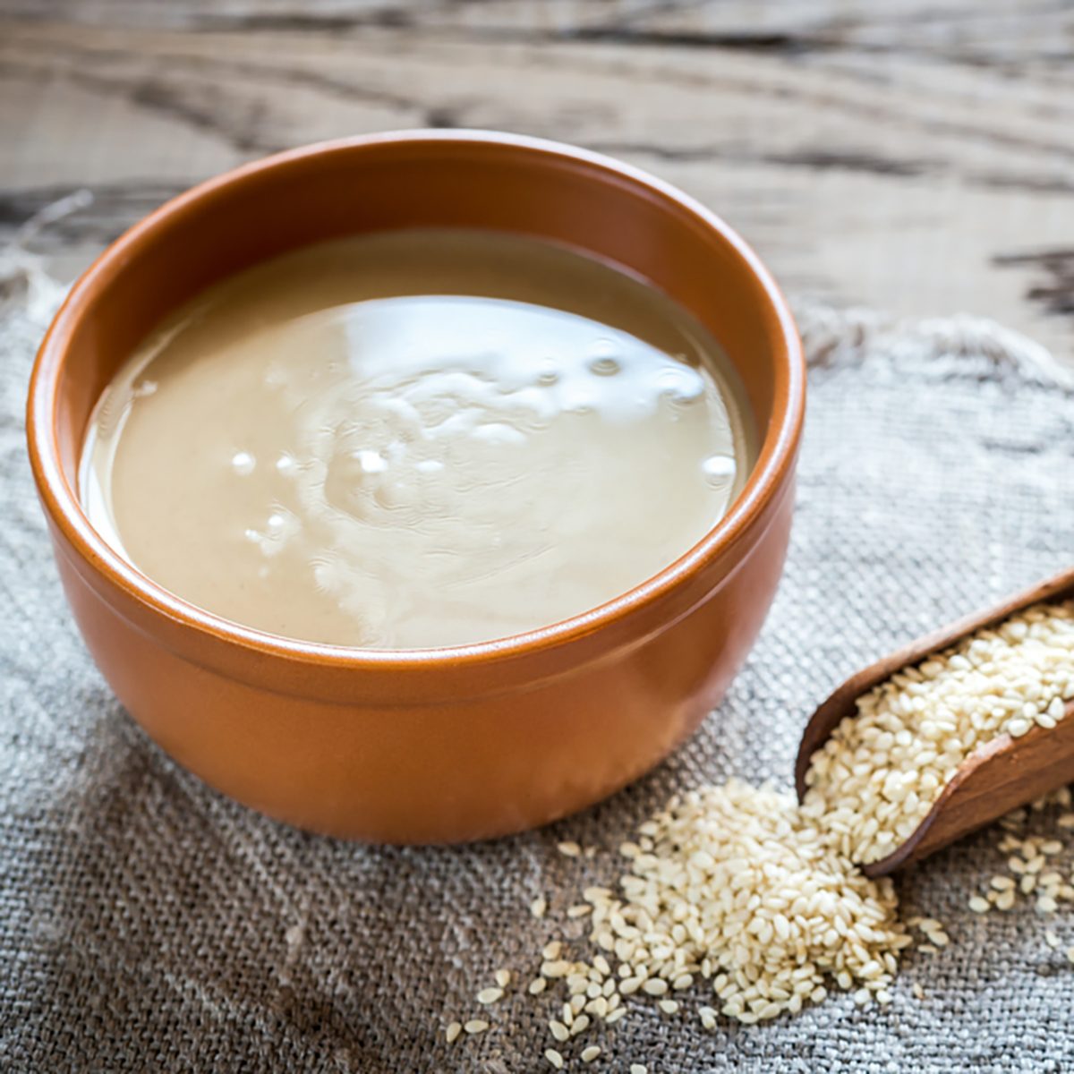 Bowl of tahini with sesame seeds