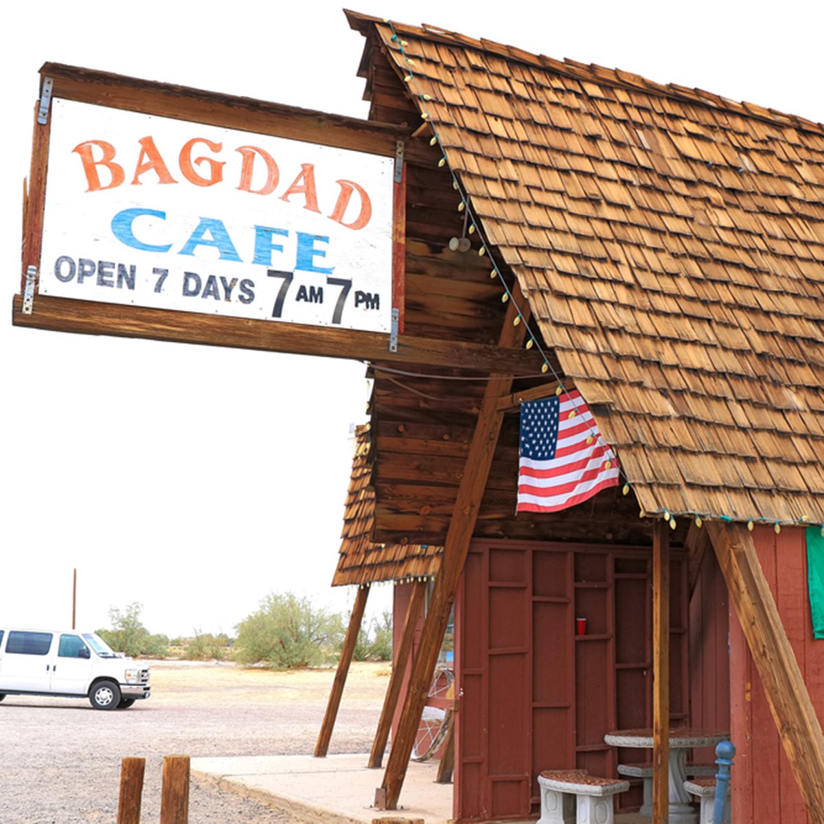 Bagdad, California, USA - Oct 29, 2015: The Bagdad Cafe from the 1960s along Route 66 in the Mojave Desert that was made famous upon the release of the 1987 German film under the same name.; Shutterstock ID 760708666; Job (TFH, TOH, RD, BNB, CWM, CM): TOH