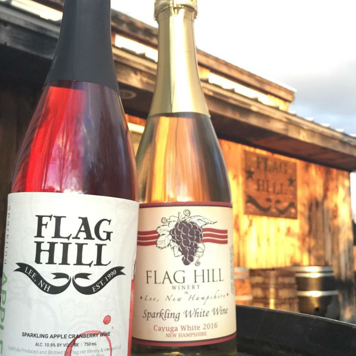 Close-up of wine bottles at Flag Hill Winery