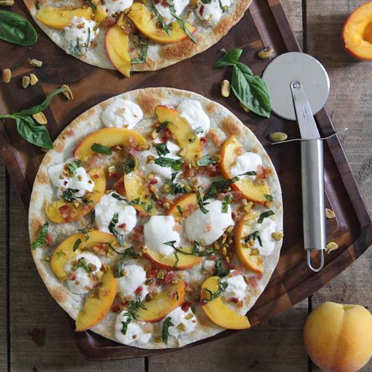 Peach Burrata bacon quesadilla