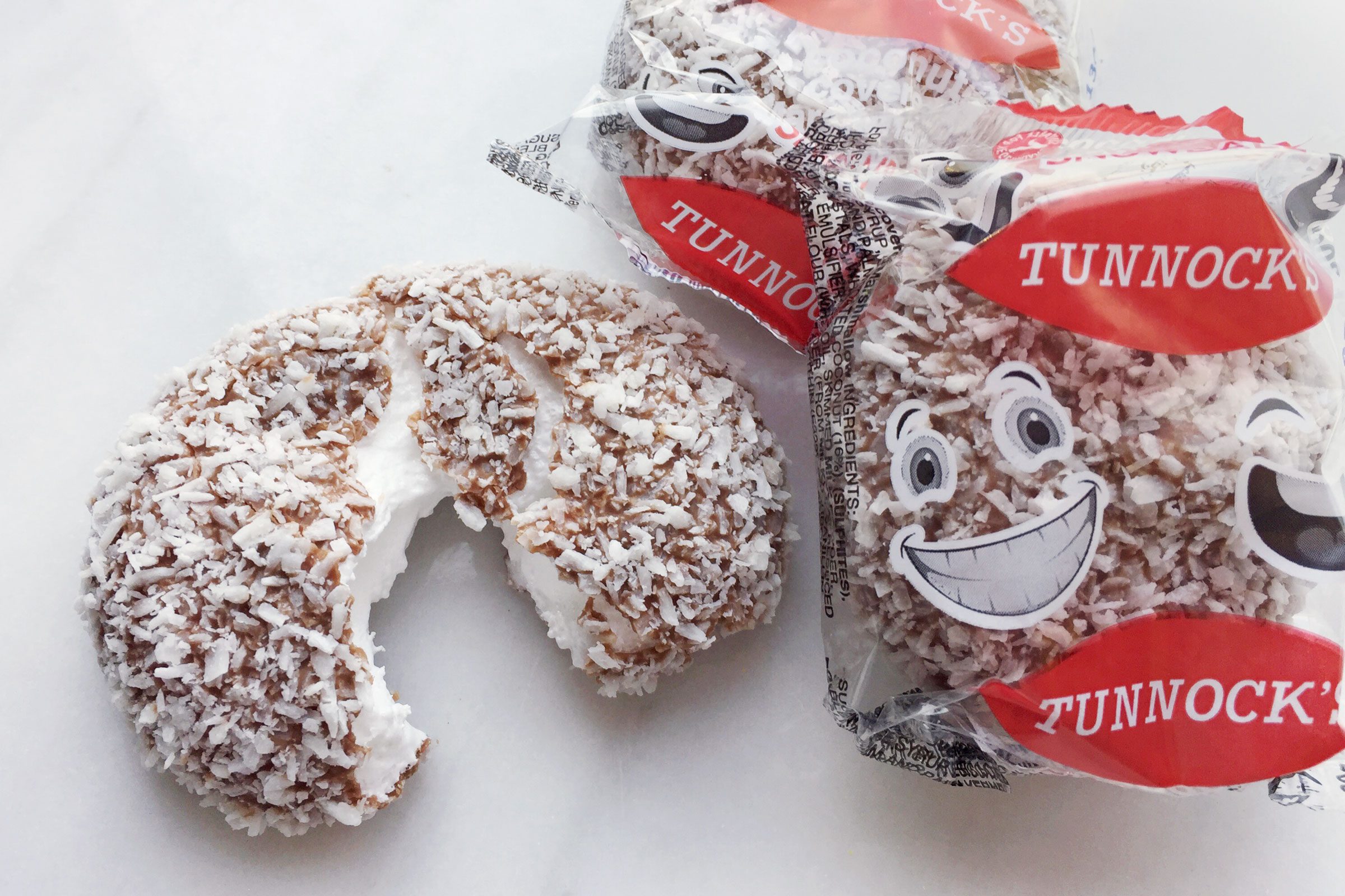 Tunnock's Snowballs on a marble surface