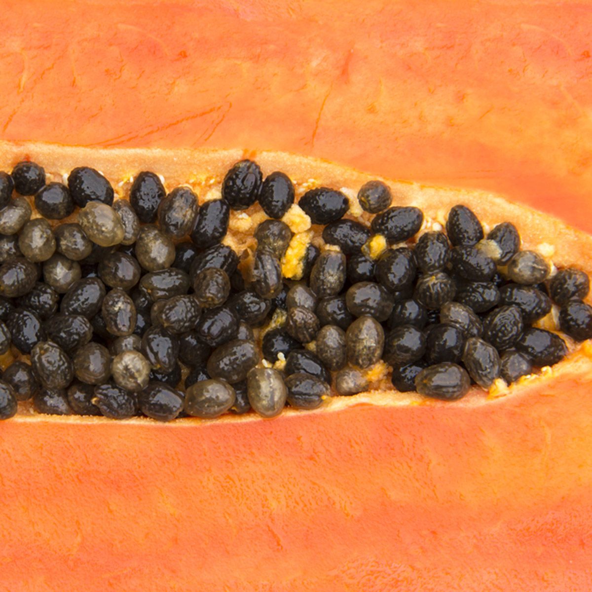 Close up Meat in half filled with seeds of Papaya