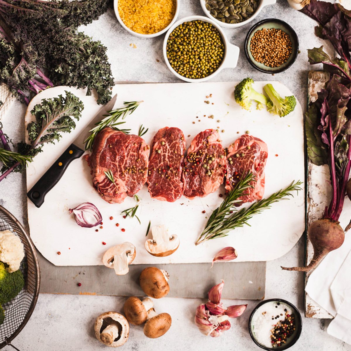 Ingredients for cooking. fresh vegetables and pork steaks. Top view. Healthy and dieting cooking ingredients.; Shutterstock ID 594312041; Job (TFH, TOH, RD, BNB, CWM, CM): TOH
