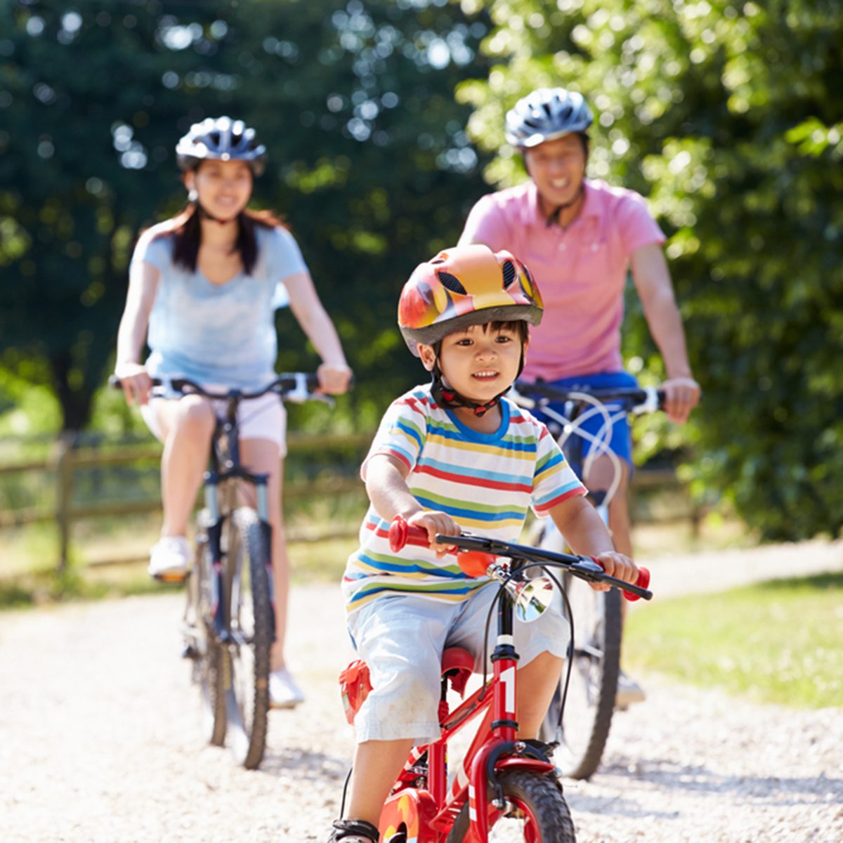 Asian Family On Cycle Ride In Countryside