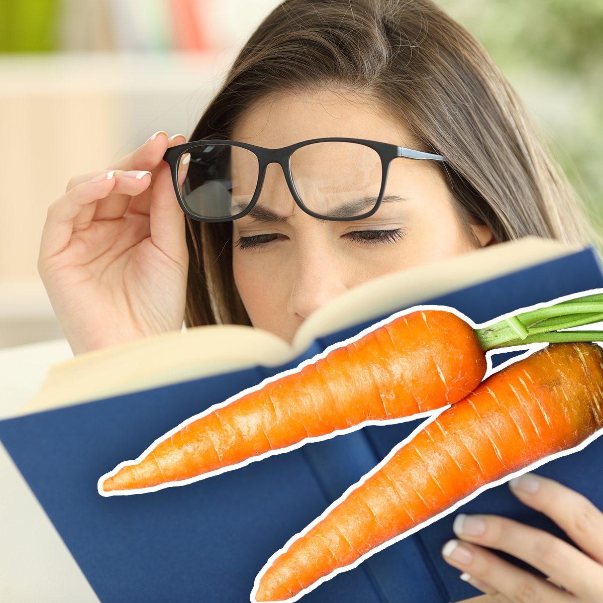 Woman suffering eyestrain trying to read a book at home; Shutterstock ID 1074553682; Job (TFH, TOH, RD, BNB, CWM, CM): TOH, Carrots