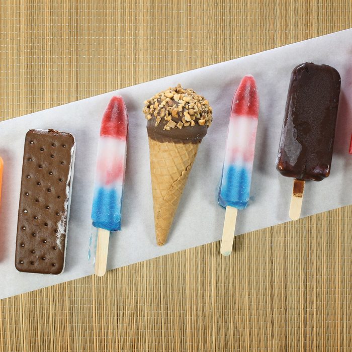 Ice cream bars including pop bombs photographed from above.