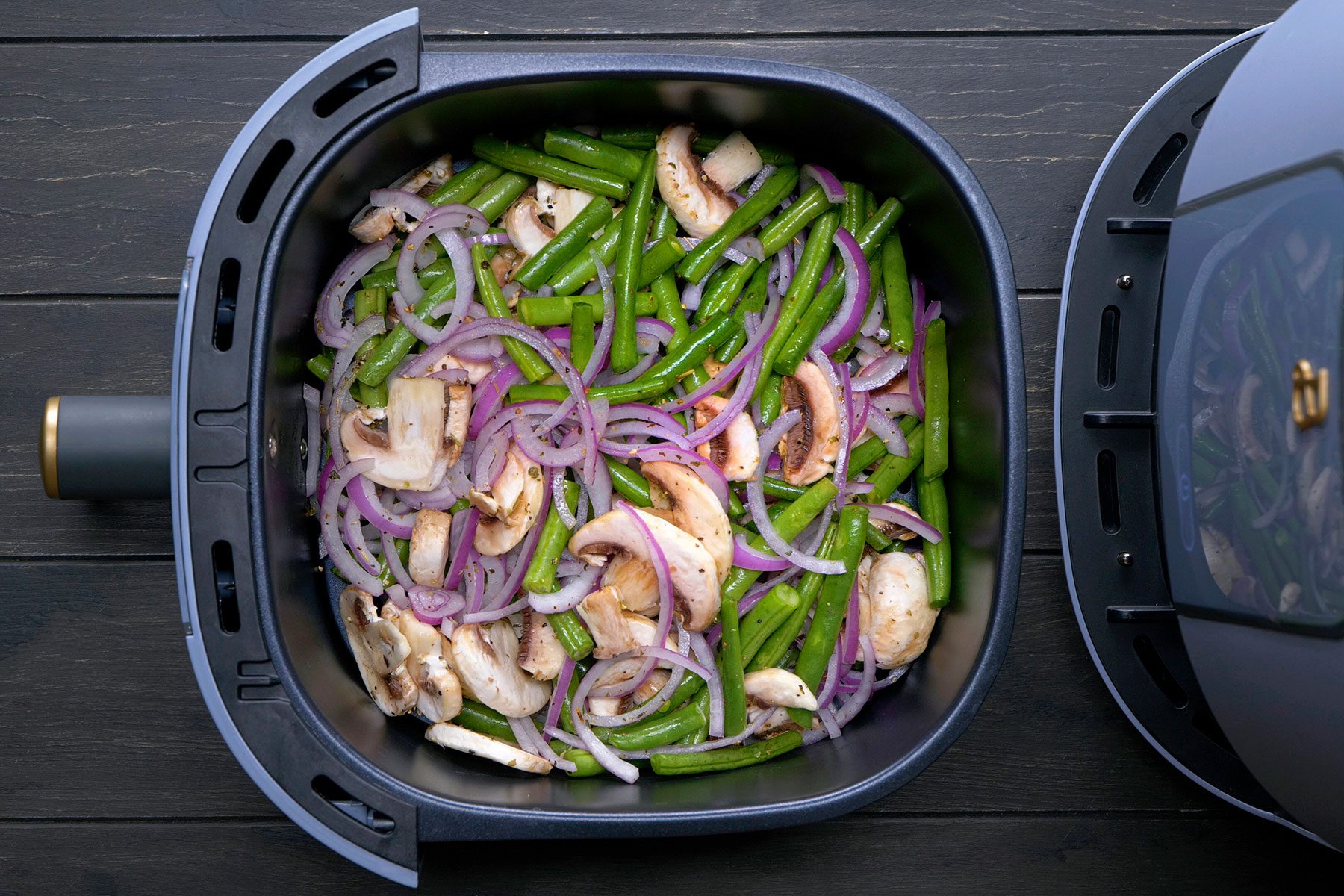 Seasoned Beans and Vegetables in Air Fryer Basket