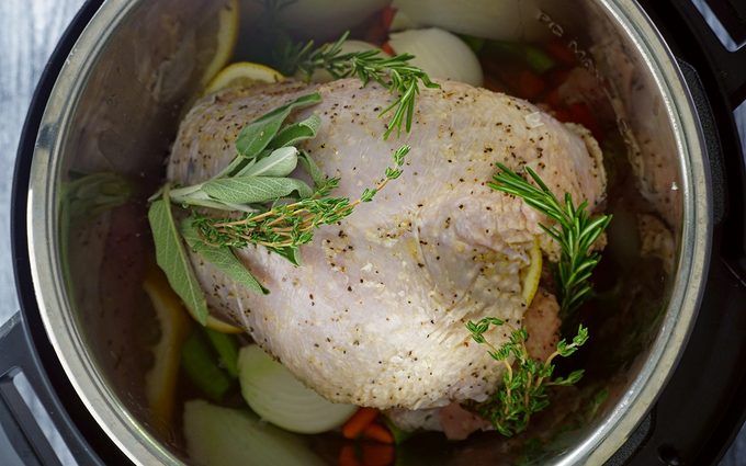 all ingredients in the instant pot ready to cook pressure cook on high