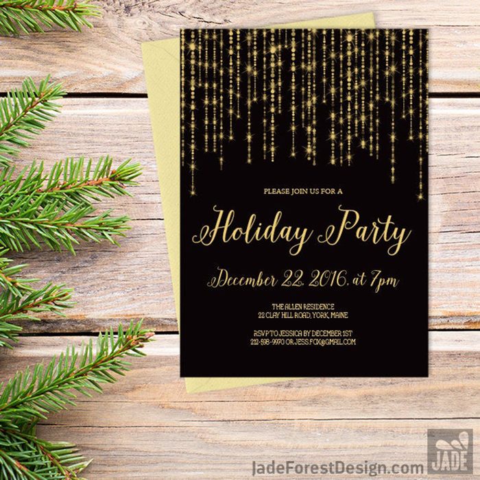 Elegant Holiday Party Invitation DIY / Christmas, Great Gatsby Bokeh String Light Sparkle / Black and Gold Calligraphy ▷ Printable Invite