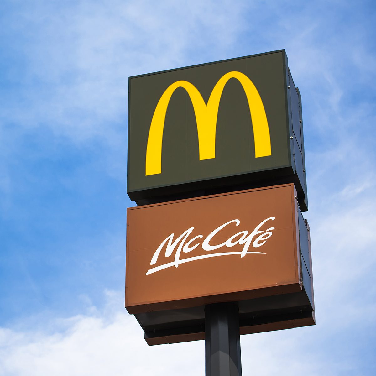 Novi Sad, Serbia - May 5, 2015: McDonalds and McCafe Signs on Post to mark fast food restaurant. Illustartive editorial for McDonalds expansion in Eastern Europe.