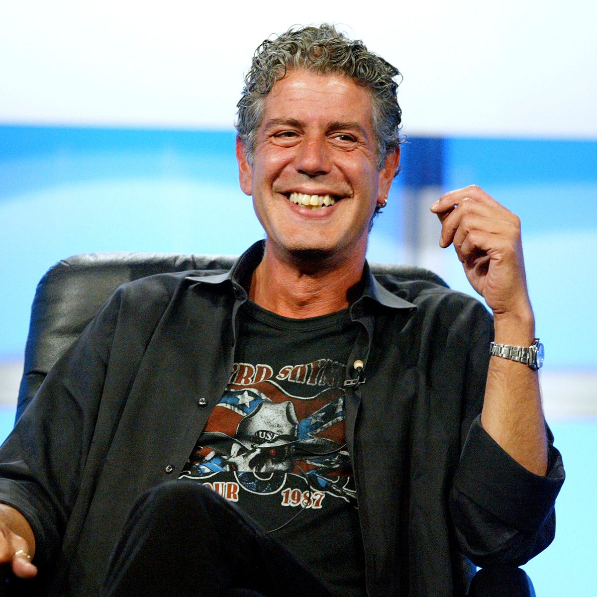 Host Anthony Bourdain attends the panel discussion for "Anthony Bourdain: No Reservations" during the Discovery Networks