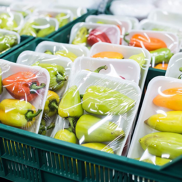 Bulgarian pepper in a box on a shelf in a supermarket; Shutterstock ID 551060236