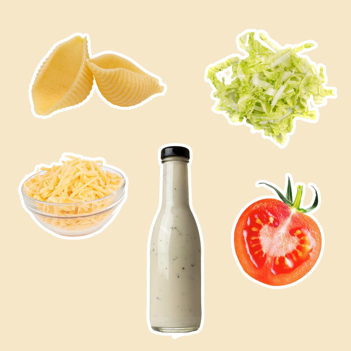 caesar salad dressing, small shell pasta, shredded romaine, shredded parmesan and halved cherry tomatoes 