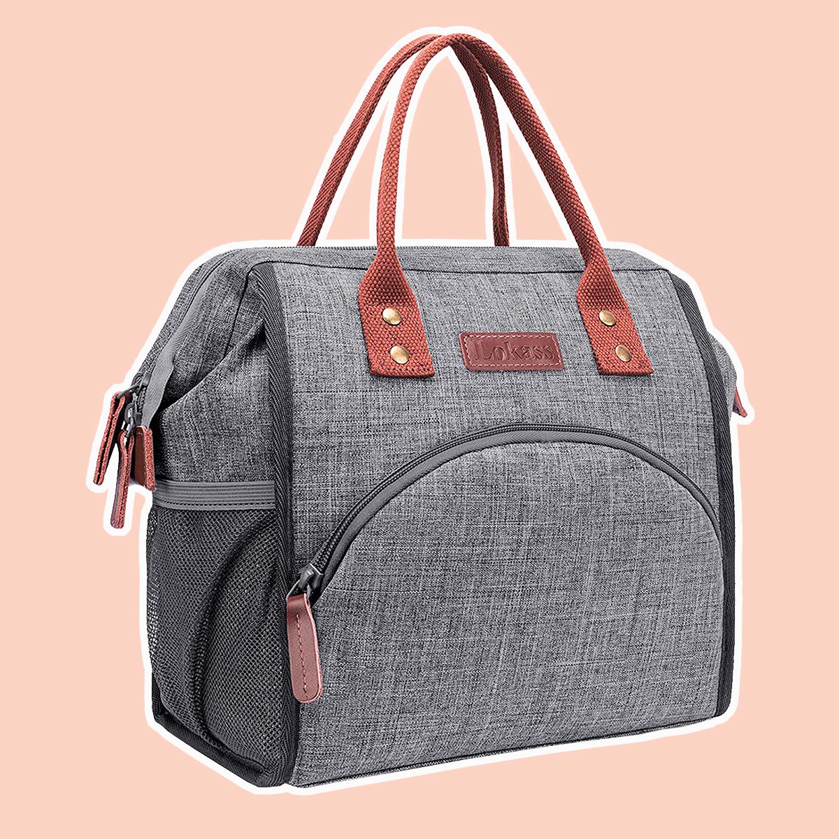 LOKASS Lunch Bag Insulated Lunch Box Wide-Open Lunch Tote Bag Large Drinks Holder Durable Nylon Thermal Snacks Organizer for Women Men Adults College Work Picnic Hiking Beach Fishing,Grey