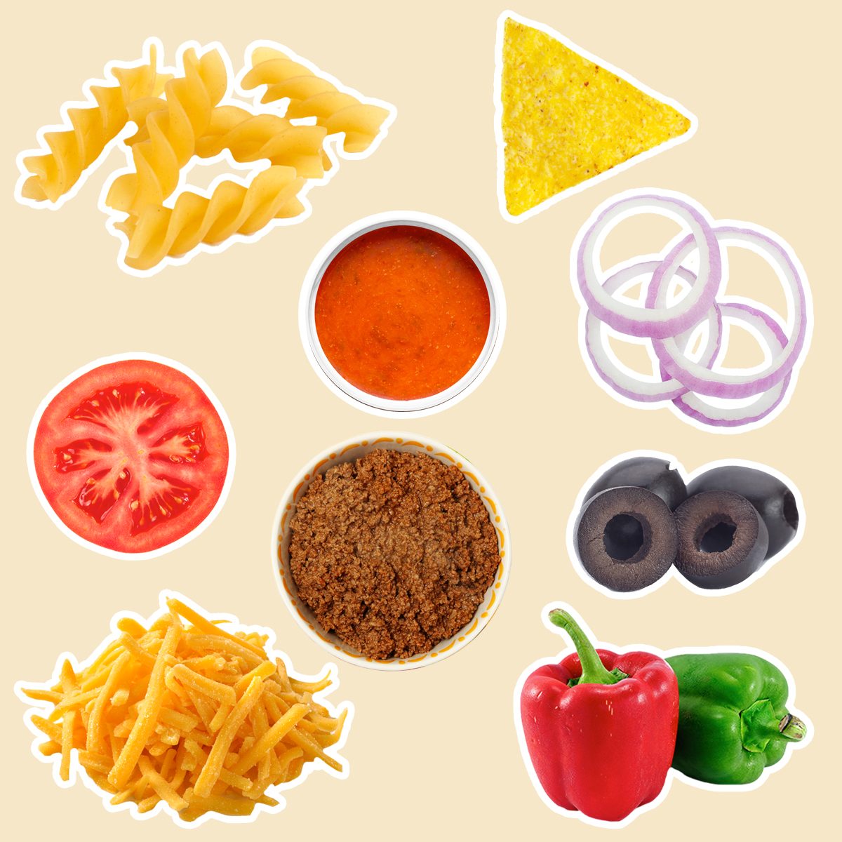 rotini, Catalina salad dressing, diced tomatoes, bell peppers and red onion taco-seasoned ground beef, shredded cheddar, sliced black olive and crushed tortilla chips