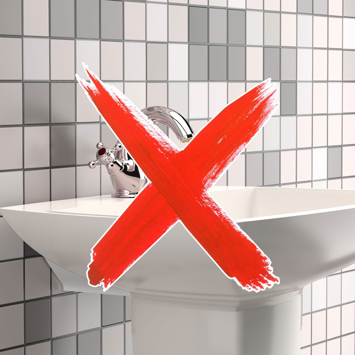 Bathroom sink with a red 