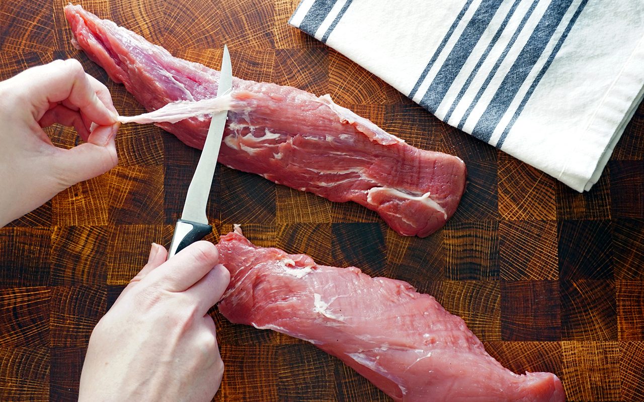 trimming the silver skin from pork tenderloin