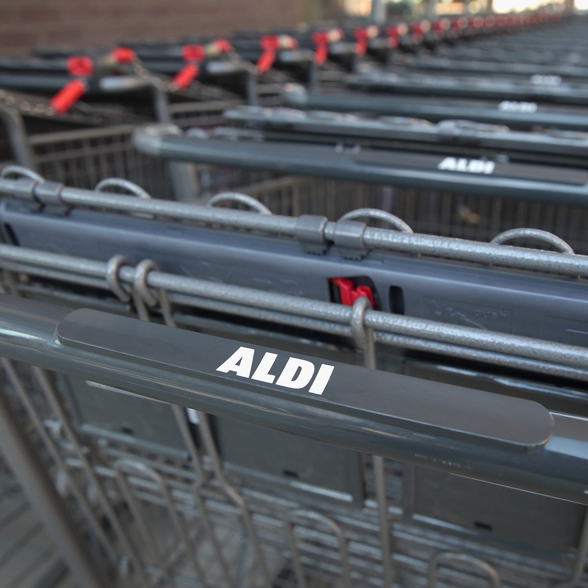 CHICAGO, IL - JUNE 12: Shopping carts sit outside an Aldi grocery store on June 12, 2017 in Chicago, Illinois. Aldi has announced plans to open 900 new stores in the United States in the next five years. The $3.4 billion capital investment would create 25,000 jobs and make the grocery chain the third largest in the nation behind Wal-Mart and Kroger. (Photo by Scott Olson/Getty Images)
