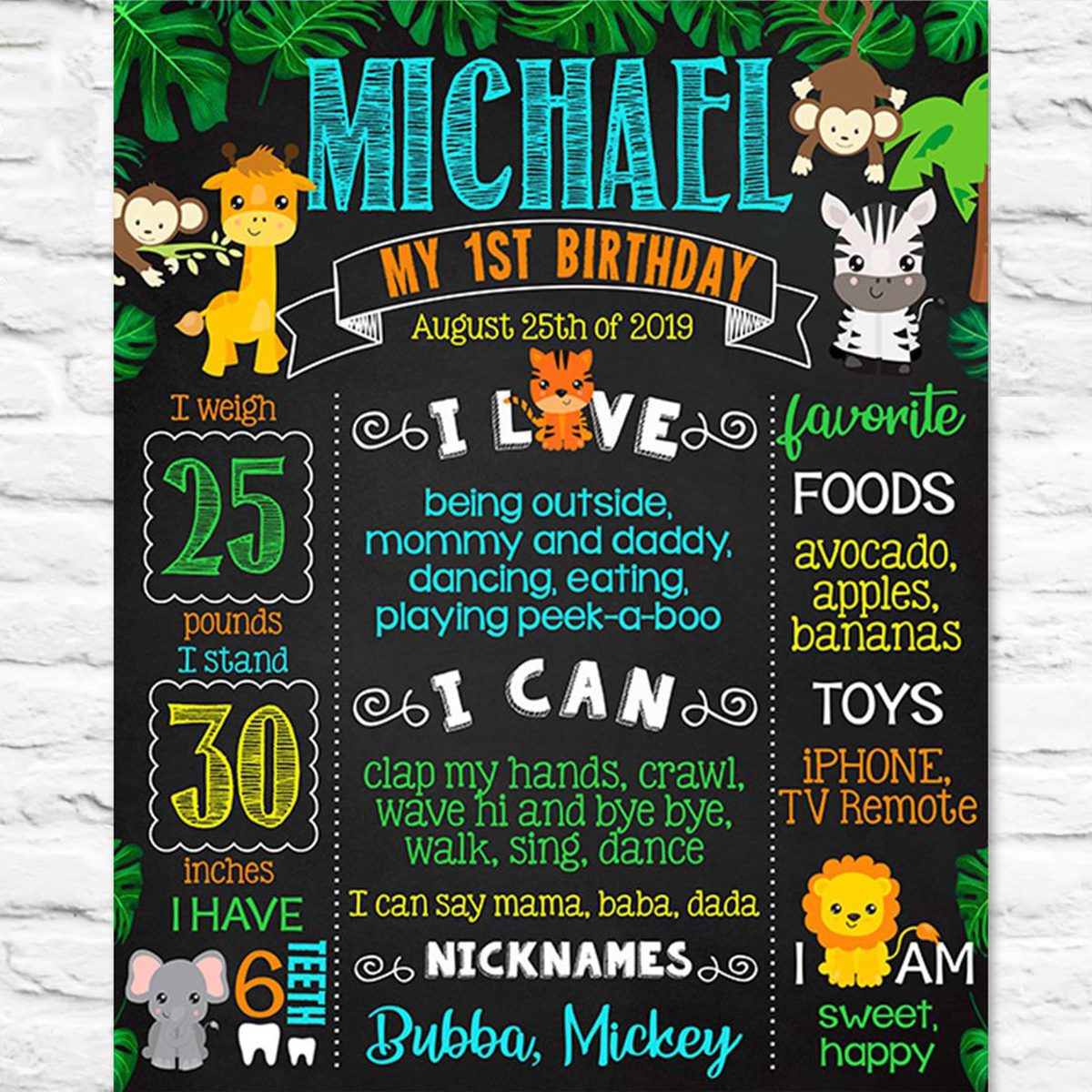 Jungle zoo Safari animals First Birthday chalkboard sign - 1st party chalk board poster banner milestone template supplies favors (721)