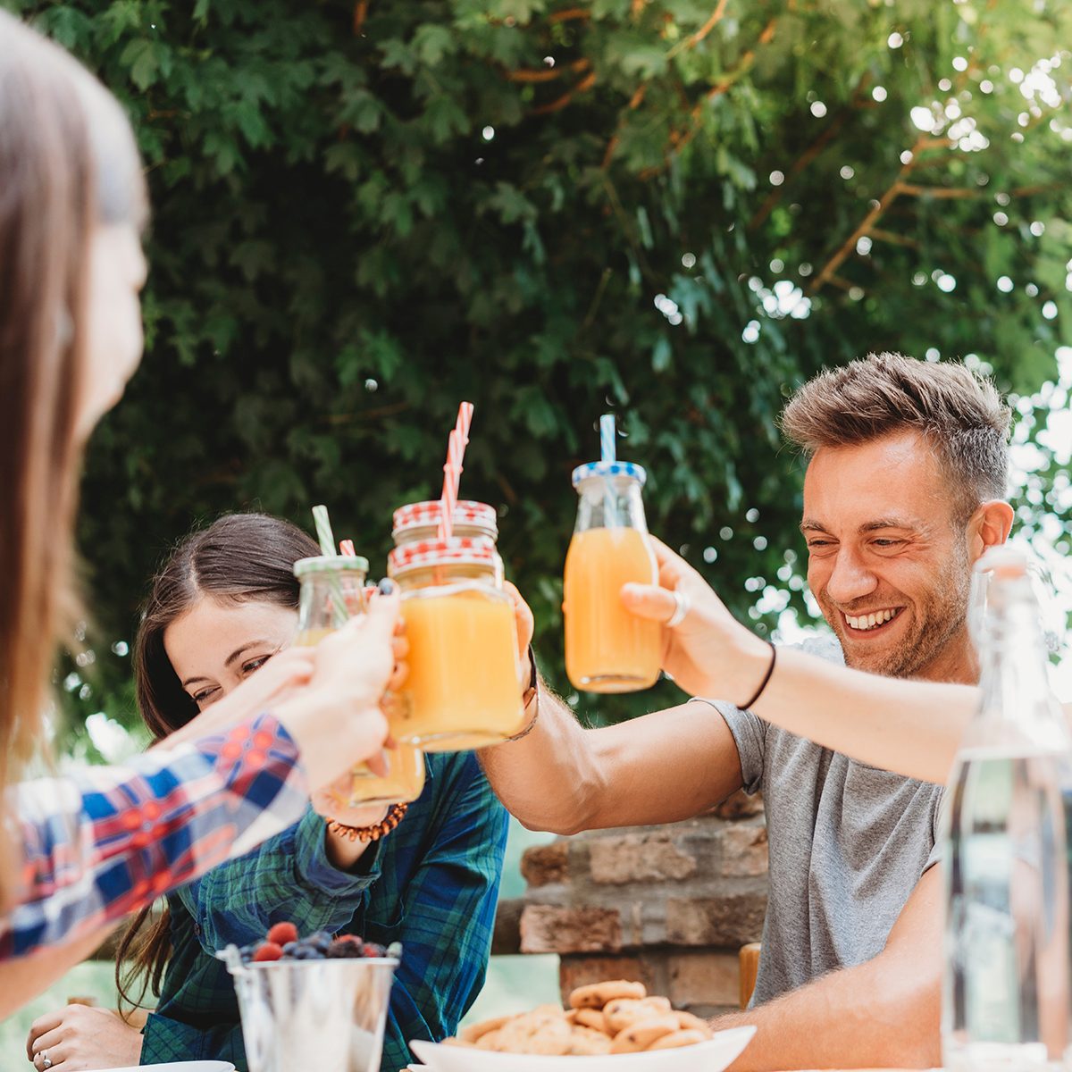 Group of friends having a break in the countryside together drinking juices