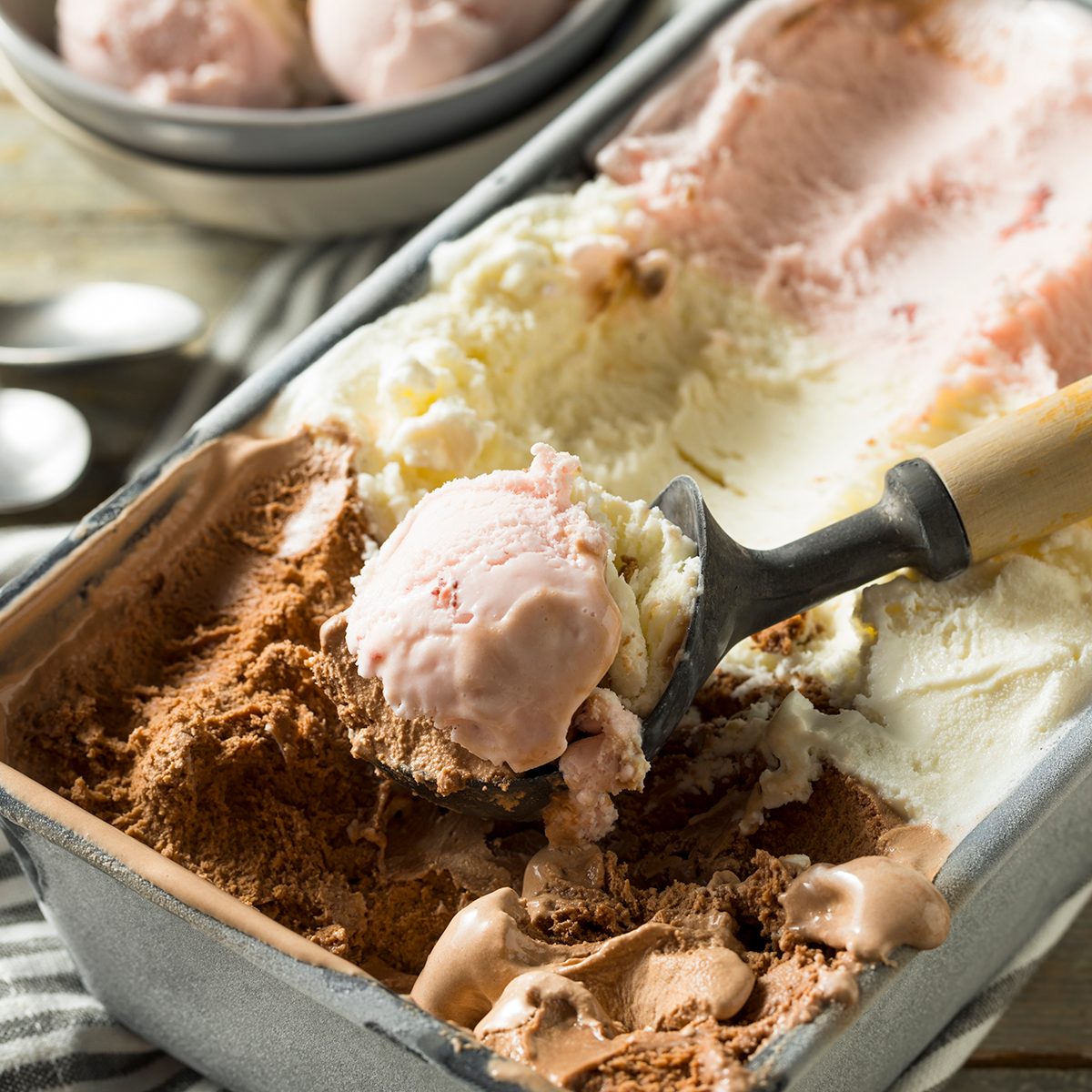 Homemade Neopolitan Ice Cream with Vanilla Chocolate and Strawberry