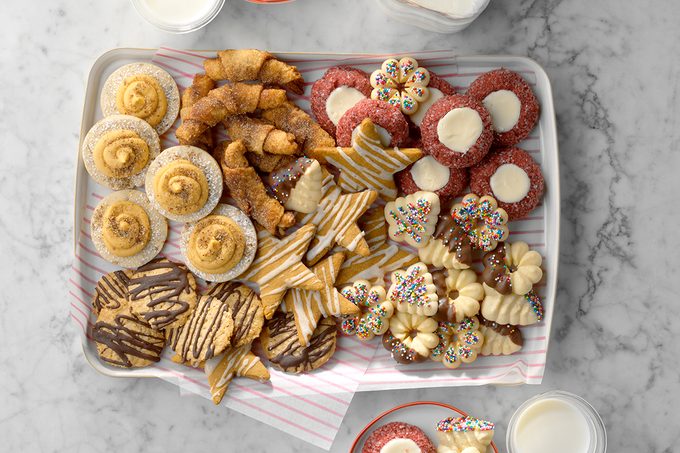 cookie assortment on a try on top of a marble counter