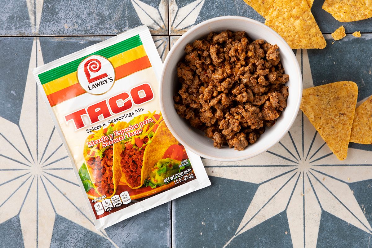 Lawry’s Taco Seasoning Prepared In Bowl With Chips And Seasoning Packet
