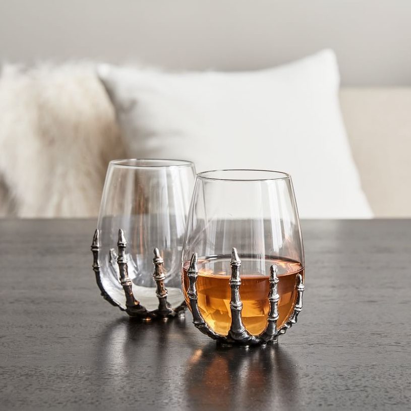 Skeleton Hand Stemless Wine Glass Ecomm Via Potterybarn.com