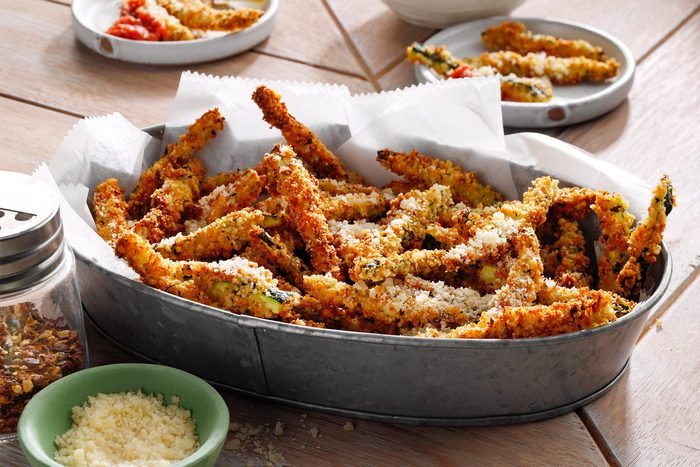 Zucchini Fries served on platter with dips