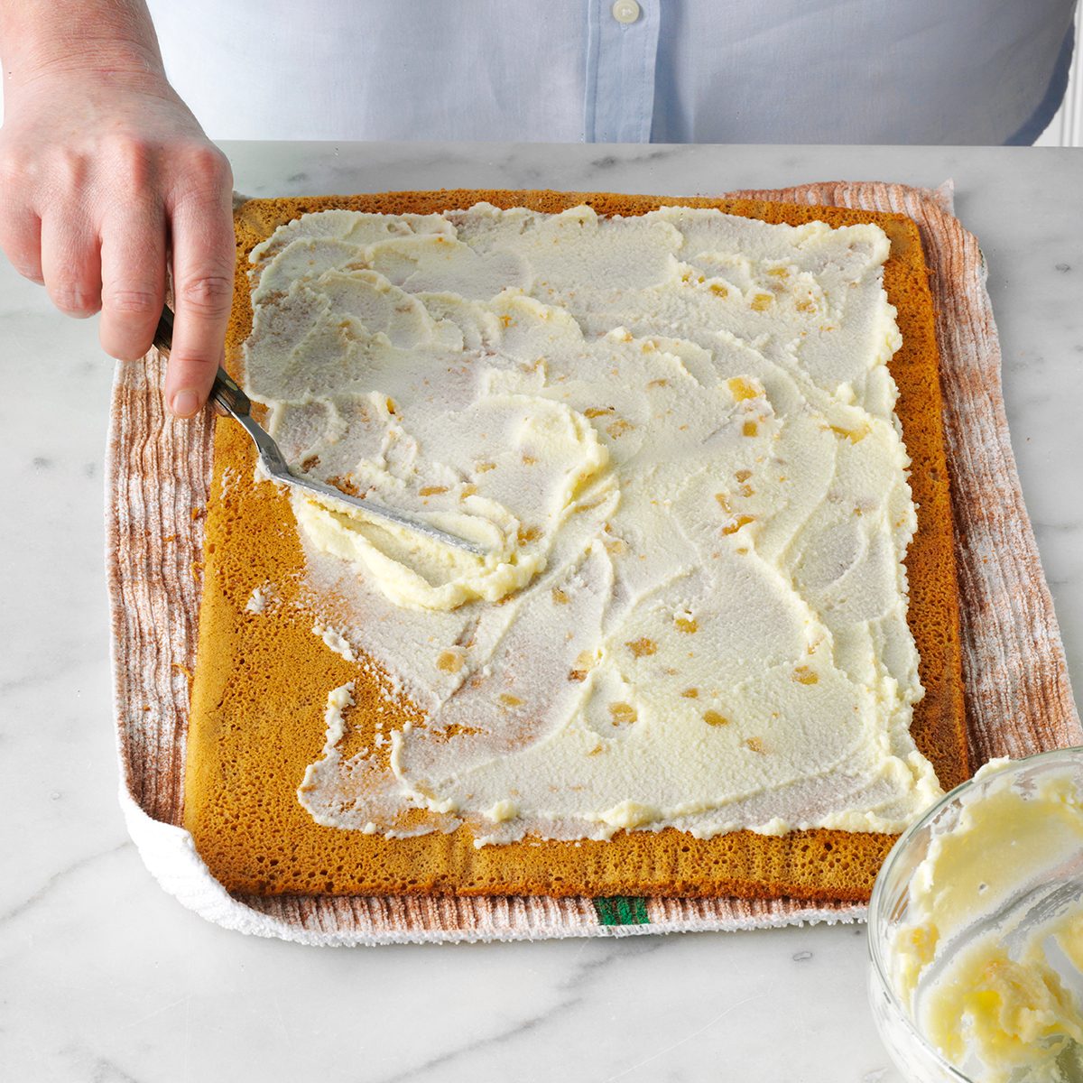 putting ginger cream into the Yule Log cake