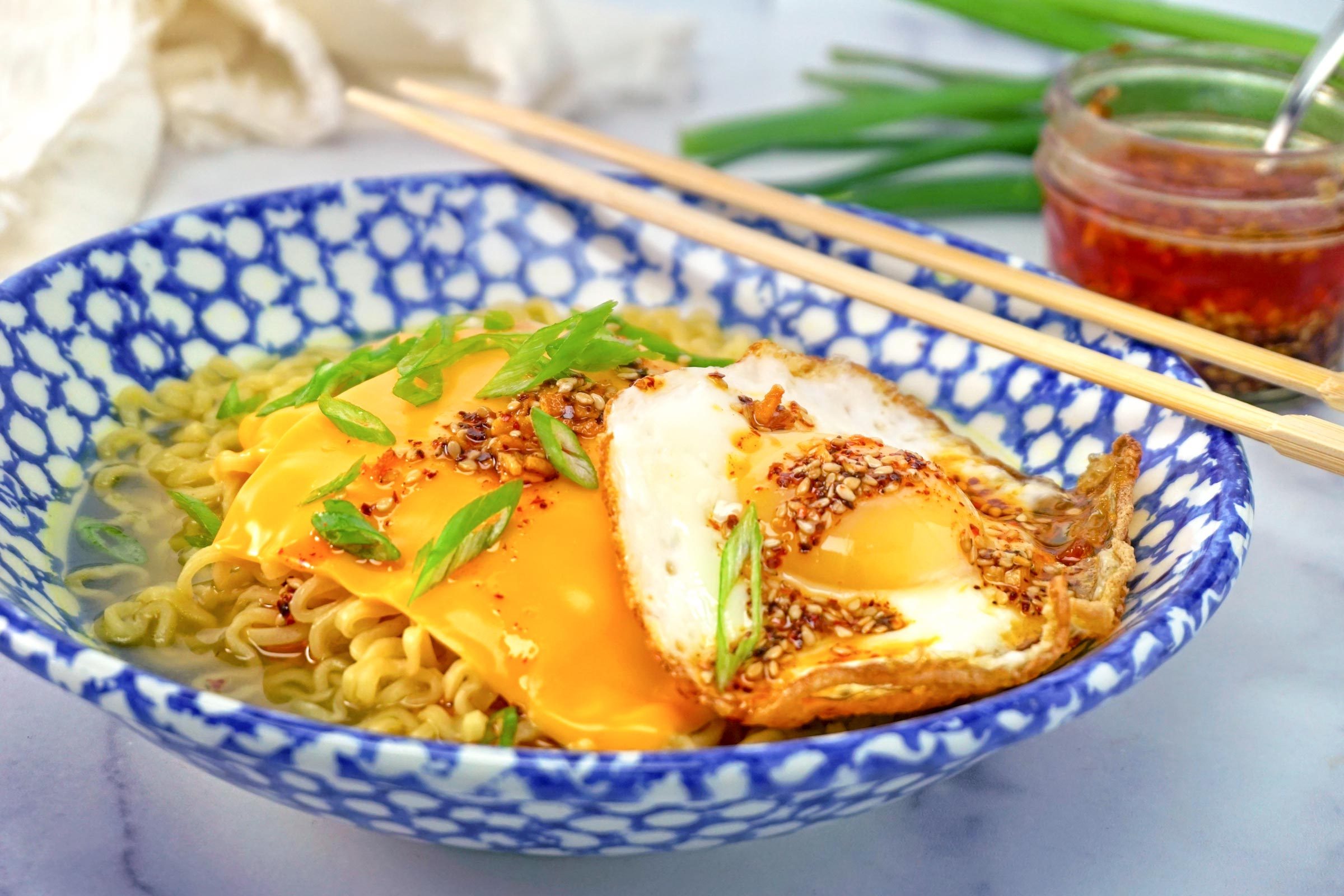 Cheesy Ramen with toppings, not mixed in yet