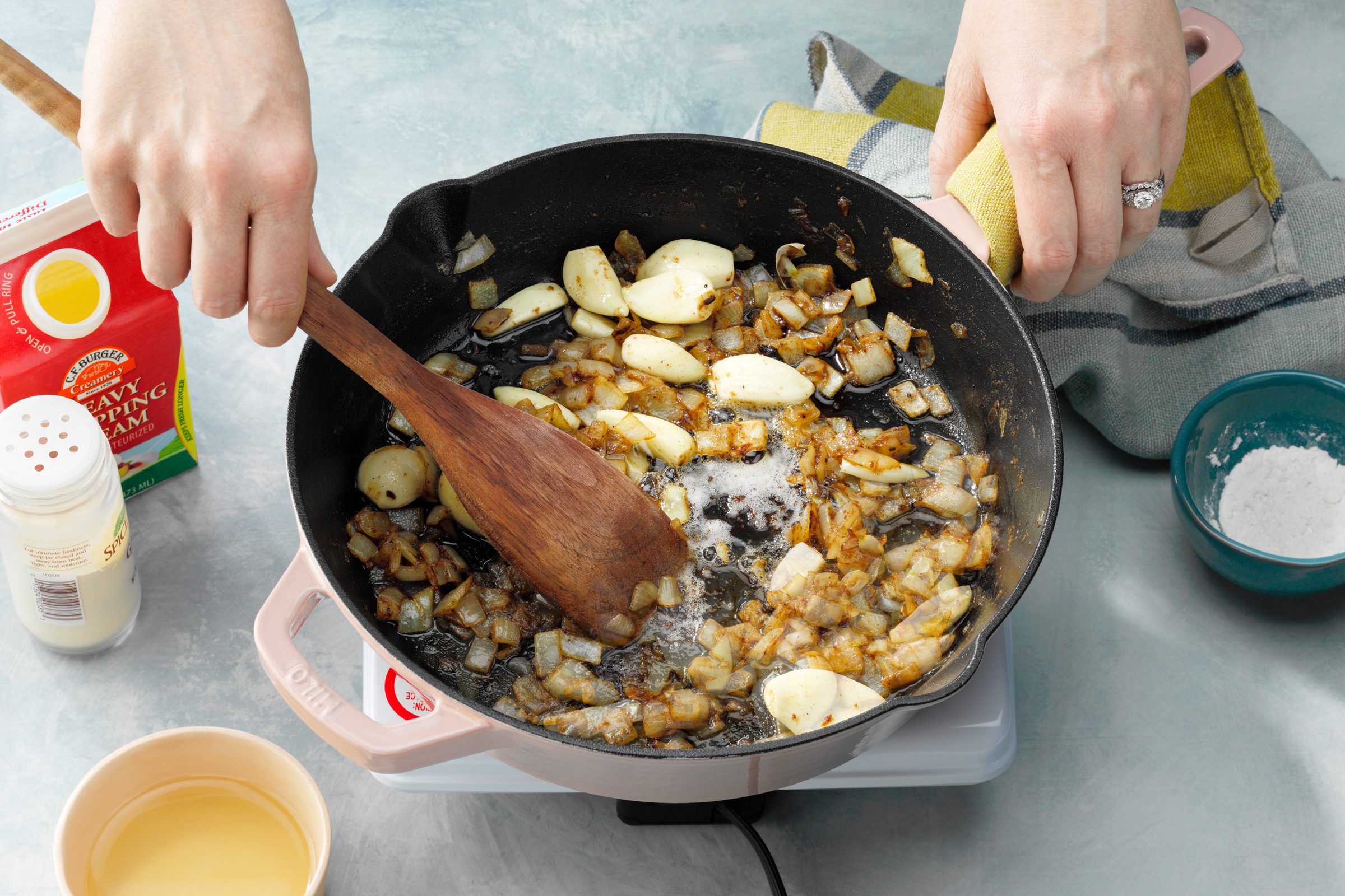 Onions and garlic in a skillet