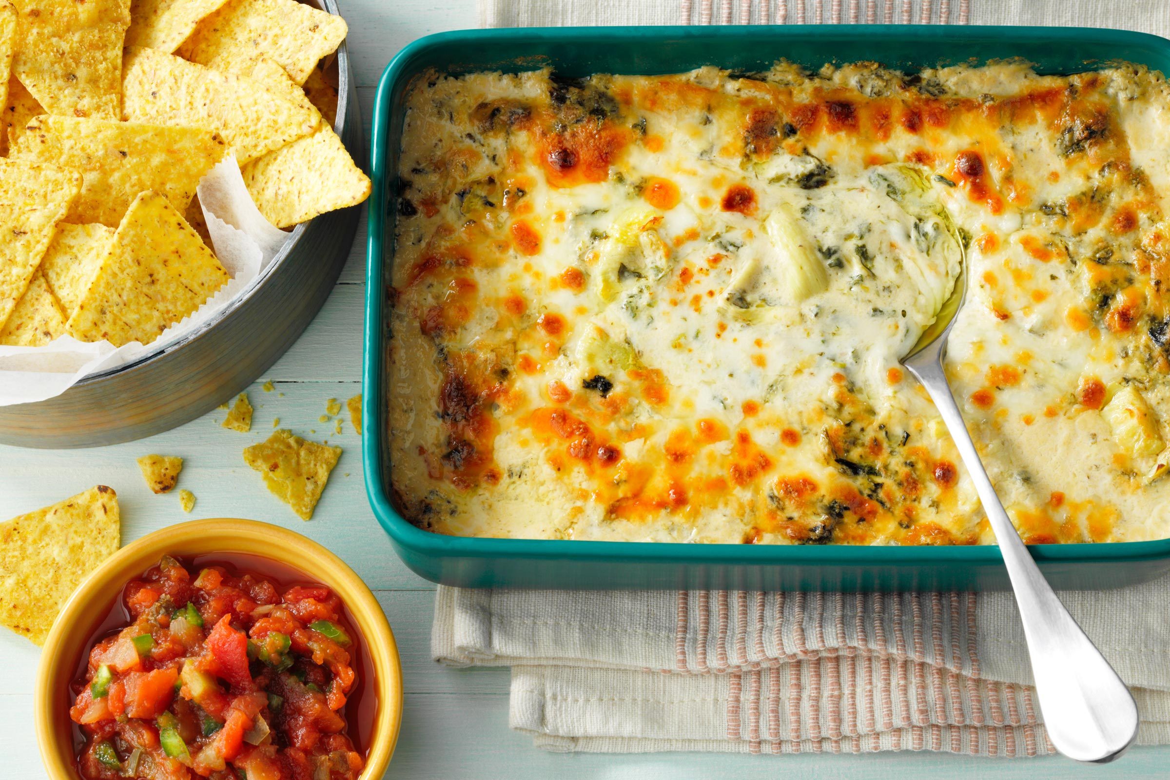 Copycat Applebee's Spinach Artichoke Dip in a caserole dish