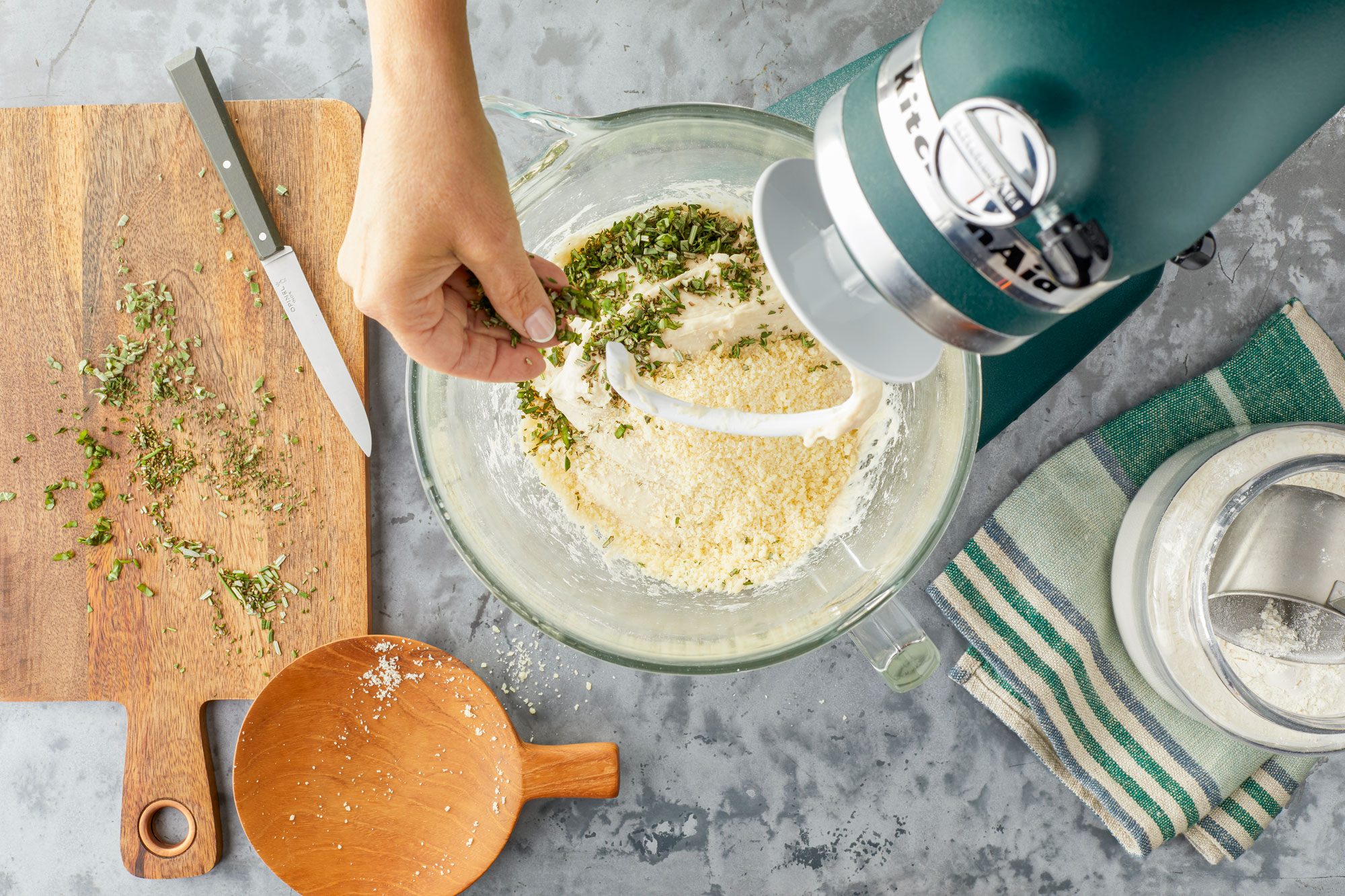 Mixing Ingredients in a Glass Bowl to make Fougasse