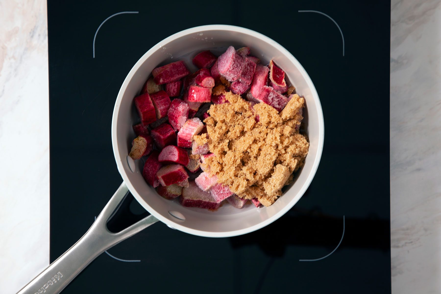 Chunks of Rhubarb and Brown Sugar in Sauce Pan