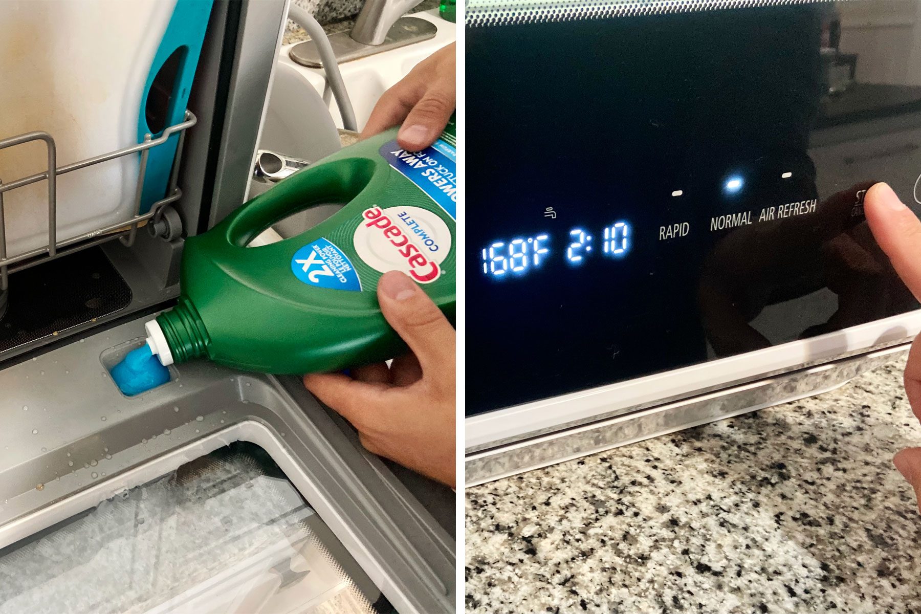 Pouring dish washer liquid in Farberware Countertop Dishwasher